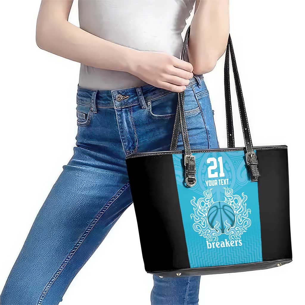 New Zealand Custom Leather Tote Bag Fire Basketball Maori Tribal Sky Blue - Polynesian Pride