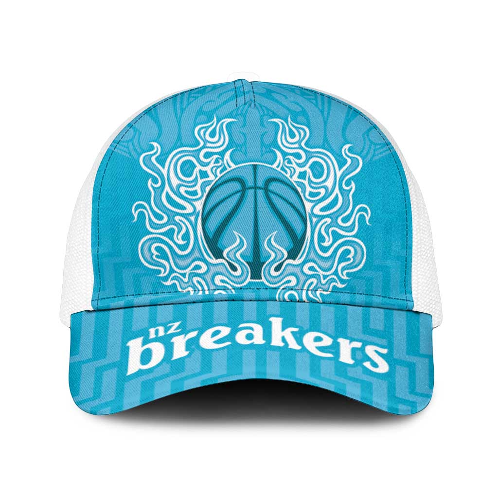 New Zealand Mesh Trucker Cap Fire Basketball Maori Tribal Sky Blue - Polynesian Pride