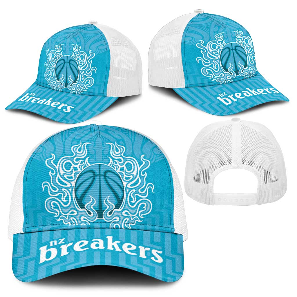 New Zealand Mesh Trucker Cap Fire Basketball Maori Tribal Sky Blue - Polynesian Pride