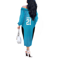 New Zealand Custom Off The Shoulder Long Sleeve Dress Fire Basketball Maori Tribal Sky Blue - Polynesian Pride