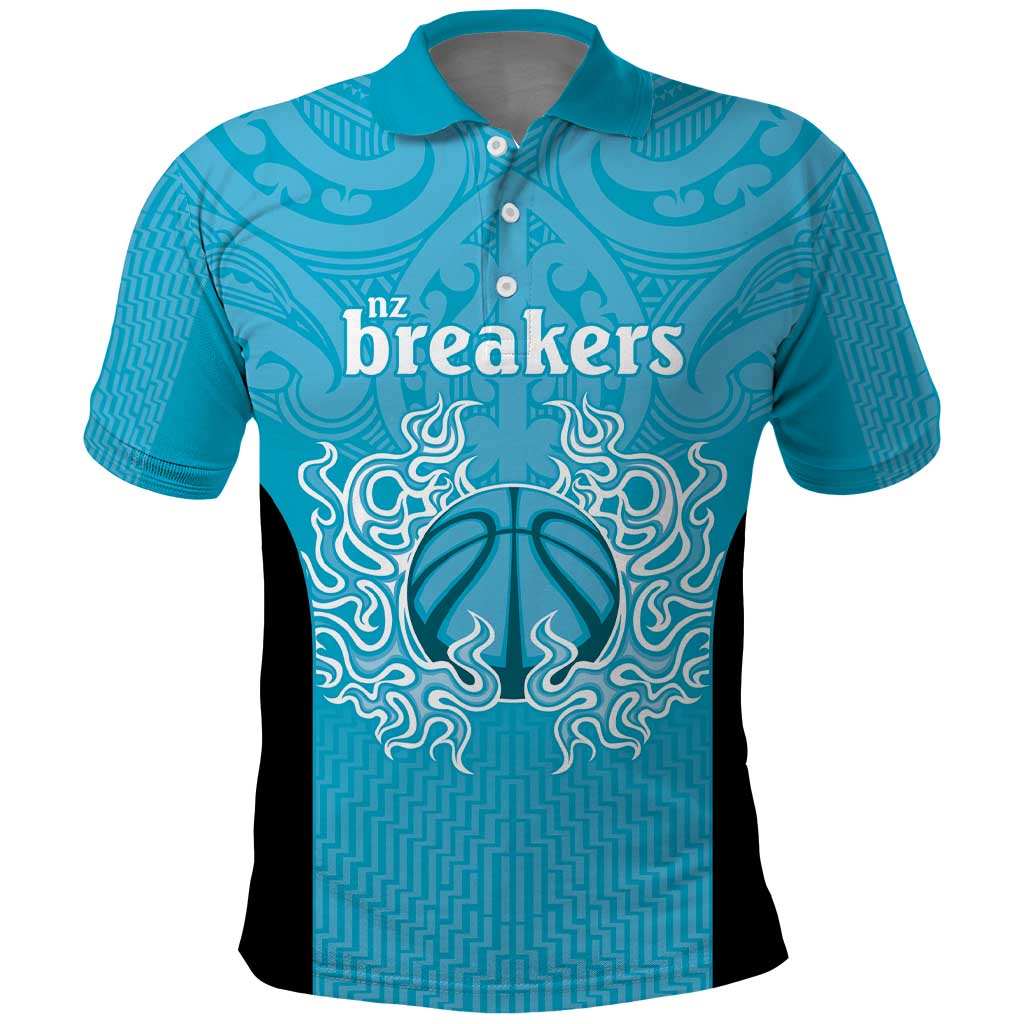 New Zealand Custom Polo Shirt Fire Basketball Maori Tribal Sky Blue - Polynesian Pride