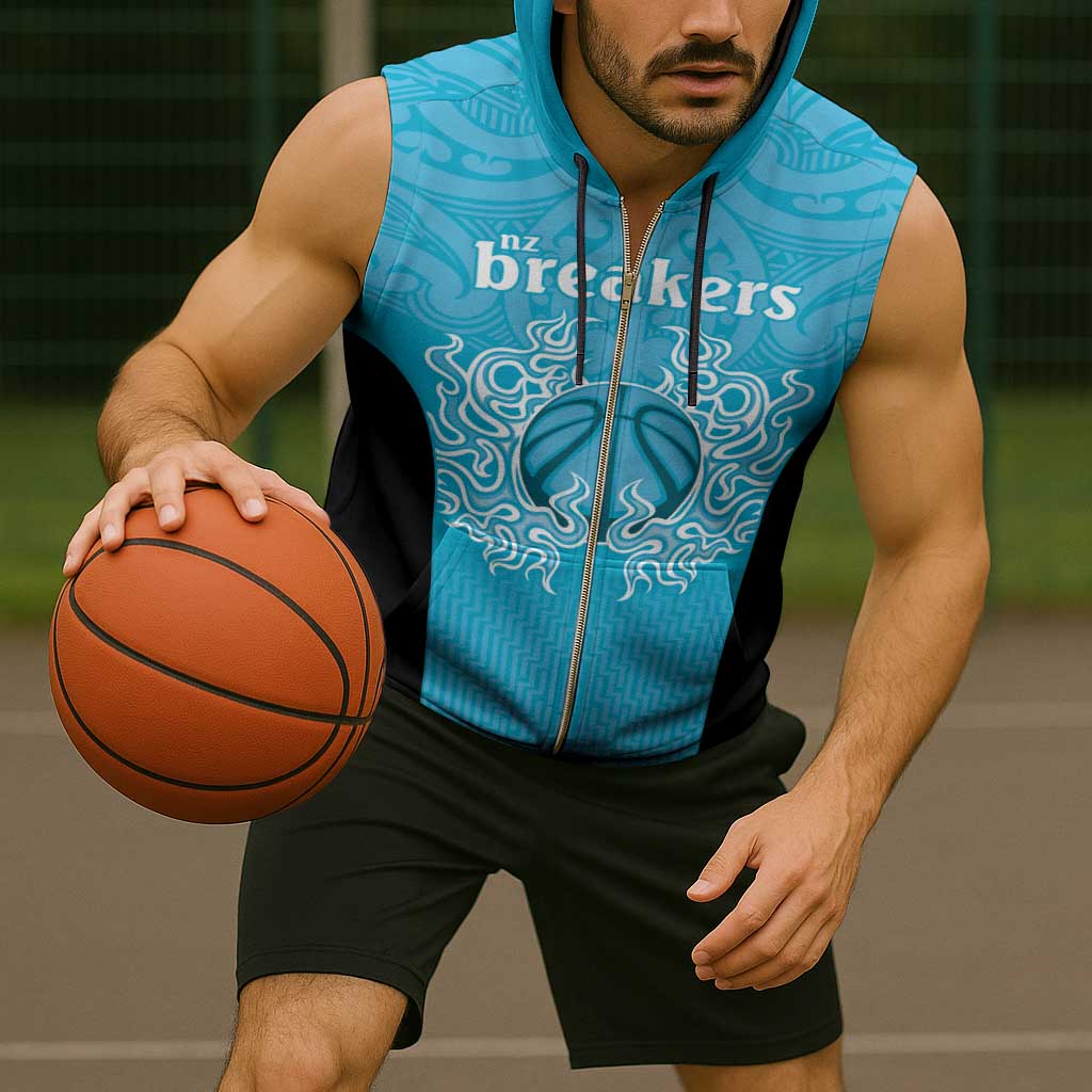 New Zealand Custom Sleeveless Zip Hoodie Fire Basketball Maori Tribal Sky Blue - Polynesian Pride