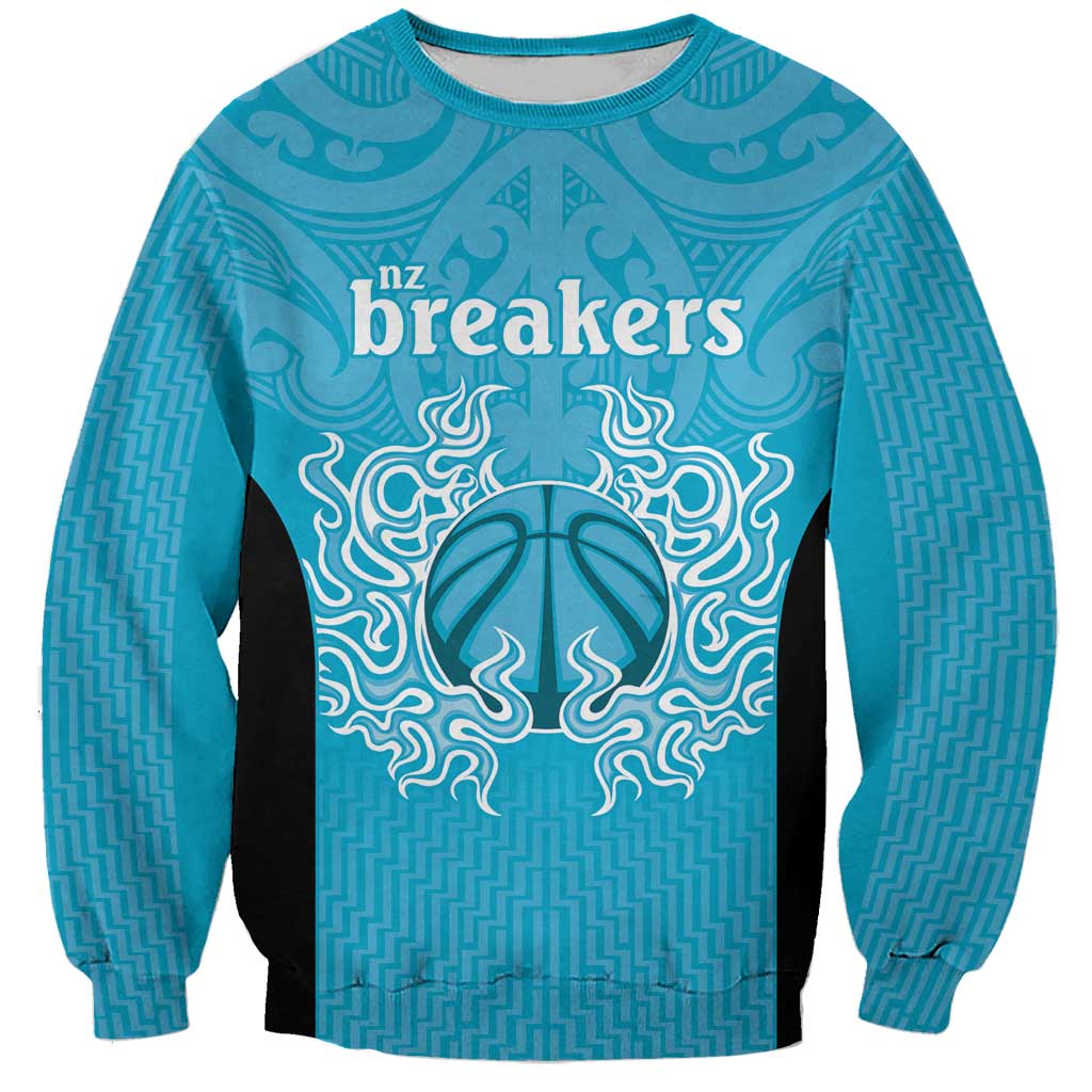 New Zealand Custom Sweatshirt Fire Basketball Maori Tribal Sky Blue - Polynesian Pride