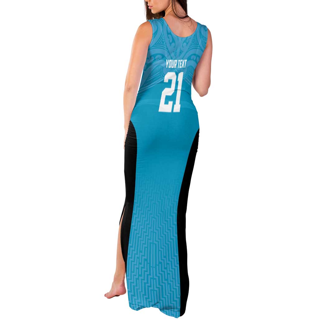 New Zealand Custom Tank Maxi Dress Fire Basketball Maori Tribal Sky Blue - Polynesian Pride