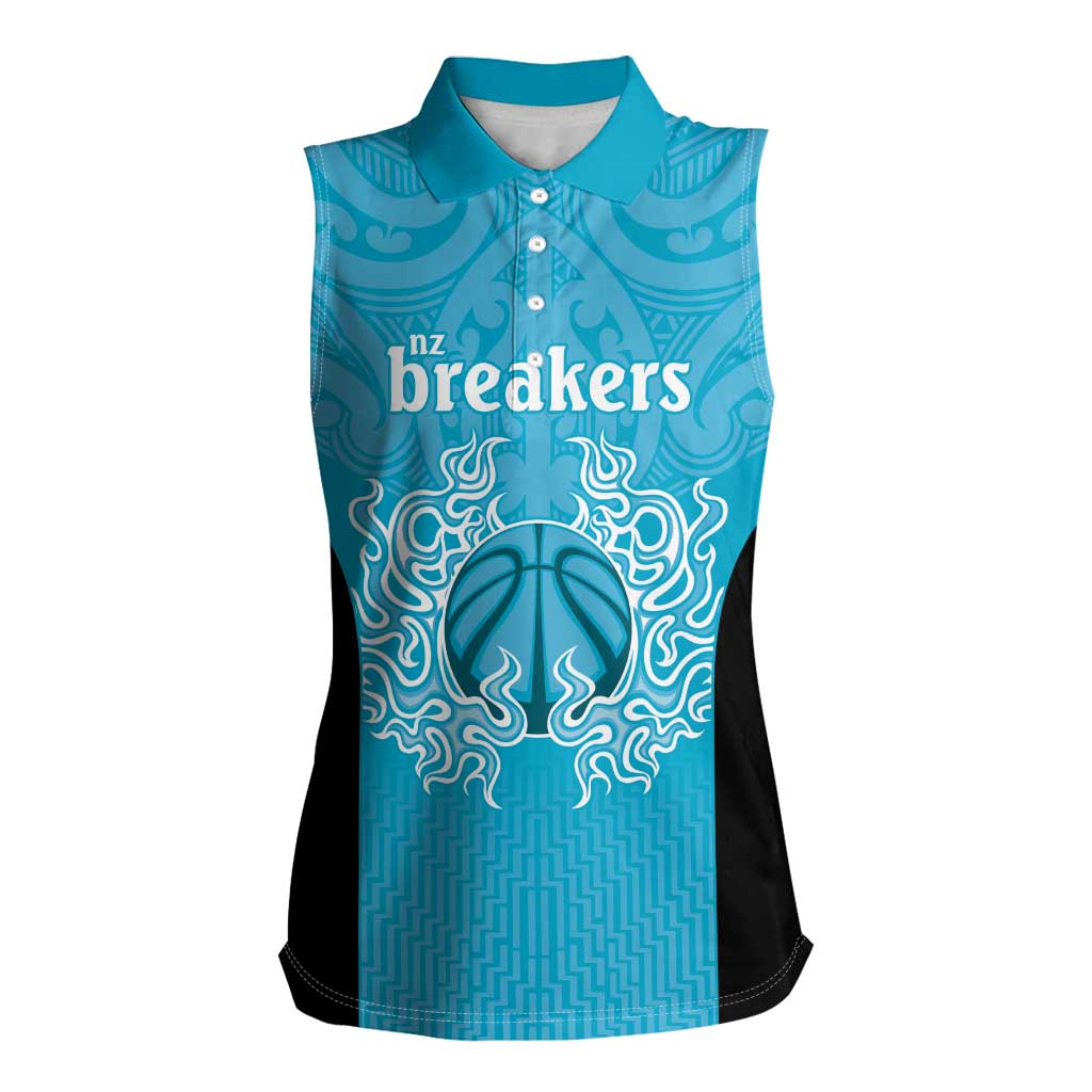 New Zealand Custom Women Sleeveless Polo Shirt Fire Basketball Maori Tribal Sky Blue - Polynesian Pride