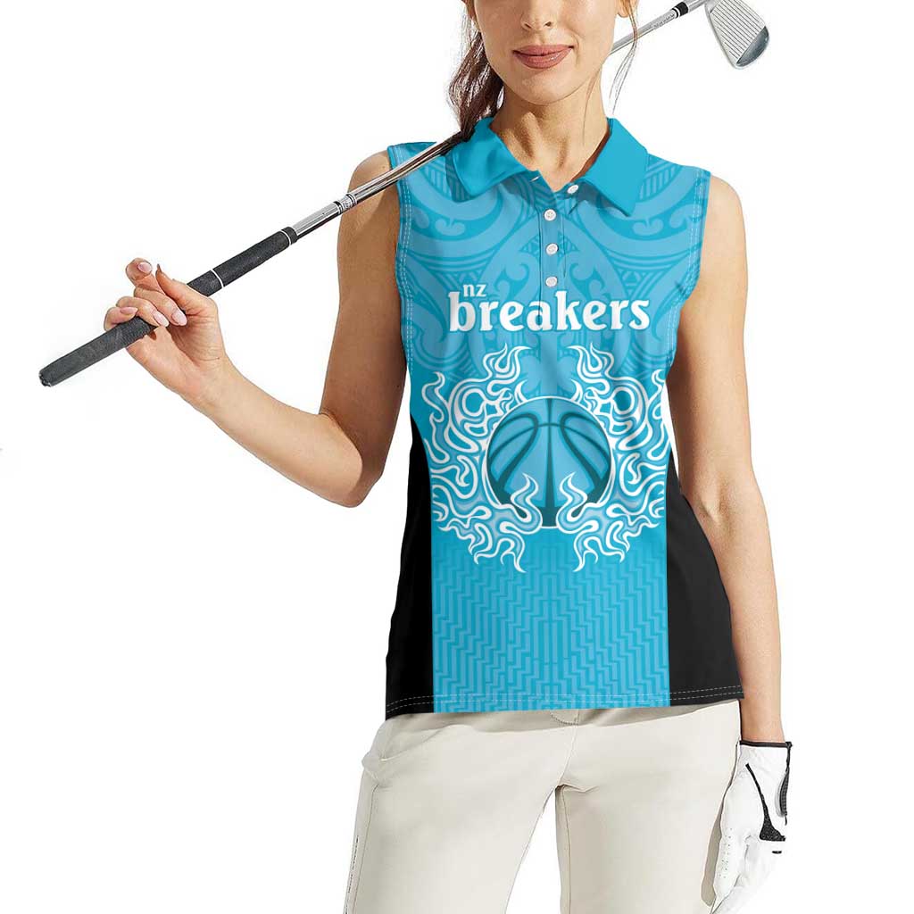 New Zealand Custom Women Sleeveless Polo Shirt Fire Basketball Maori Tribal Sky Blue - Polynesian Pride