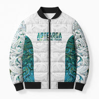Custom New Zealand Aotearoa Bomber Puffer Jacket Green Maori Paua Shell Indigenous - Polynesian Pride