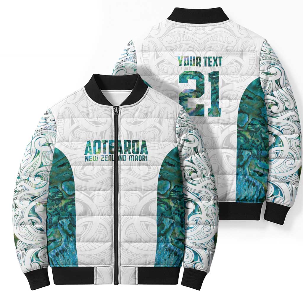 Custom New Zealand Aotearoa Bomber Puffer Jacket Green Maori Paua Shell Indigenous - Polynesian Pride