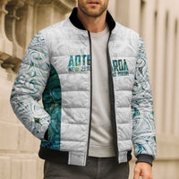 Custom New Zealand Aotearoa Bomber Puffer Jacket Green Maori Paua Shell Indigenous - Polynesian Pride