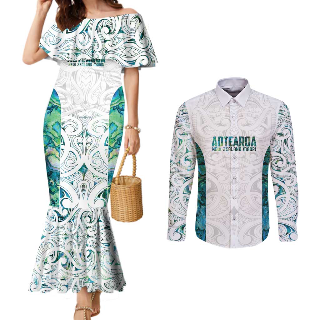 Custom New Zealand Aotearoa Couples Matching Mermaid Dress and Long Sleeve Button Shirt Green Maori Paua Shell Indigenous - Polynesian Pride