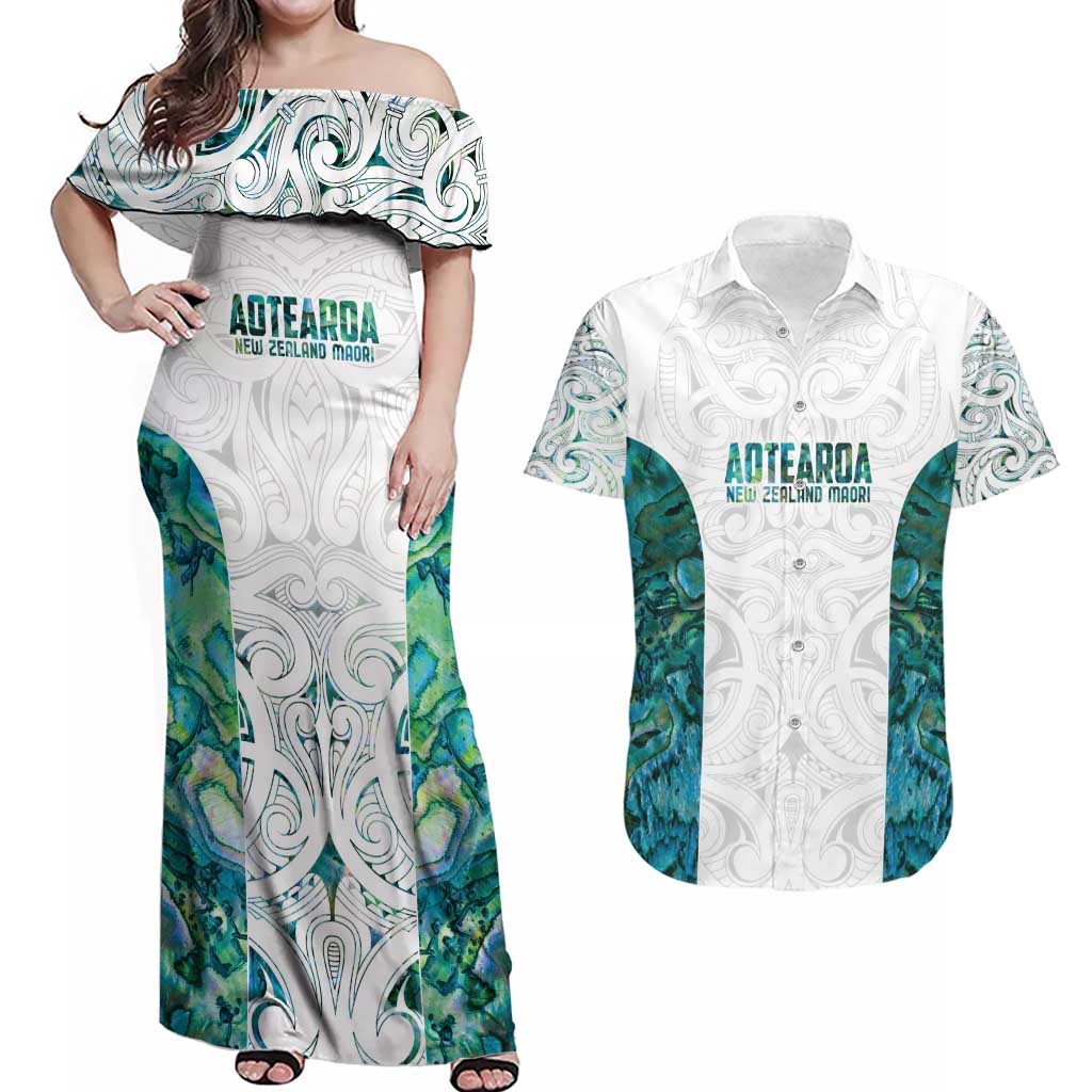 Custom New Zealand Aotearoa Couples Matching Off Shoulder Maxi Dress and Hawaiian Shirt Green Maori Paua Shell Indigenous - Polynesian Pride