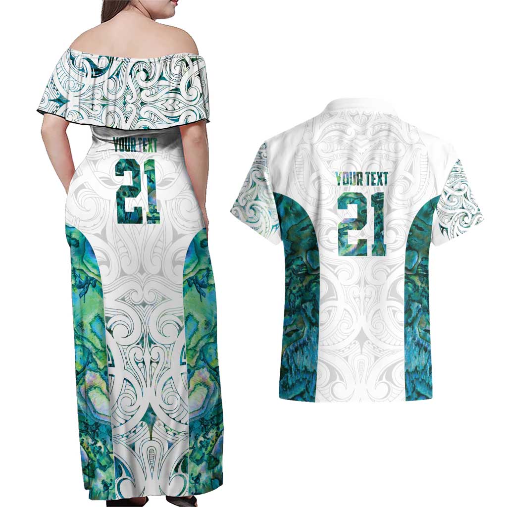 Custom New Zealand Aotearoa Couples Matching Off Shoulder Maxi Dress and Hawaiian Shirt Green Maori Paua Shell Indigenous - Polynesian Pride