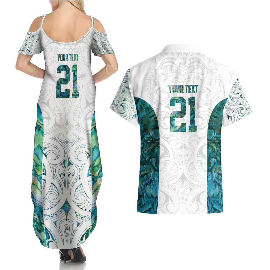 Custom New Zealand Aotearoa Couples Matching Summer Maxi Dress and Hawaiian Shirt Green Maori Paua Shell Indigenous - Polynesian Pride