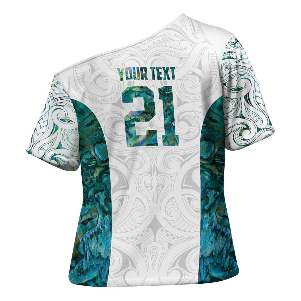 Custom New Zealand Aotearoa Cross Shoulder Shirt Green Maori Paua Shell Indigenous - Polynesian Pride