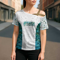 Custom New Zealand Aotearoa Cross Shoulder Shirt Green Maori Paua Shell Indigenous - Polynesian Pride