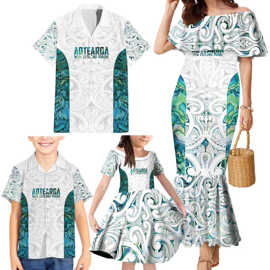 Custom New Zealand Aotearoa Family Matching Mermaid Dress and Hawaiian Shirt Green Maori Paua Shell Indigenous - Polynesian Pride