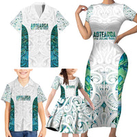 Custom New Zealand Aotearoa Family Matching Short Sleeve Bodycon Dress and Hawaiian Shirt Green Maori Paua Shell Indigenous - Polynesian Pride