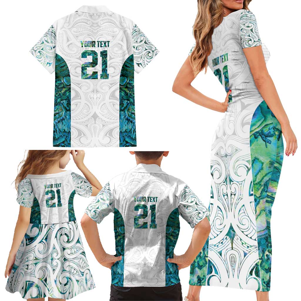 Custom New Zealand Aotearoa Family Matching Short Sleeve Bodycon Dress and Hawaiian Shirt Green Maori Paua Shell Indigenous - Polynesian Pride