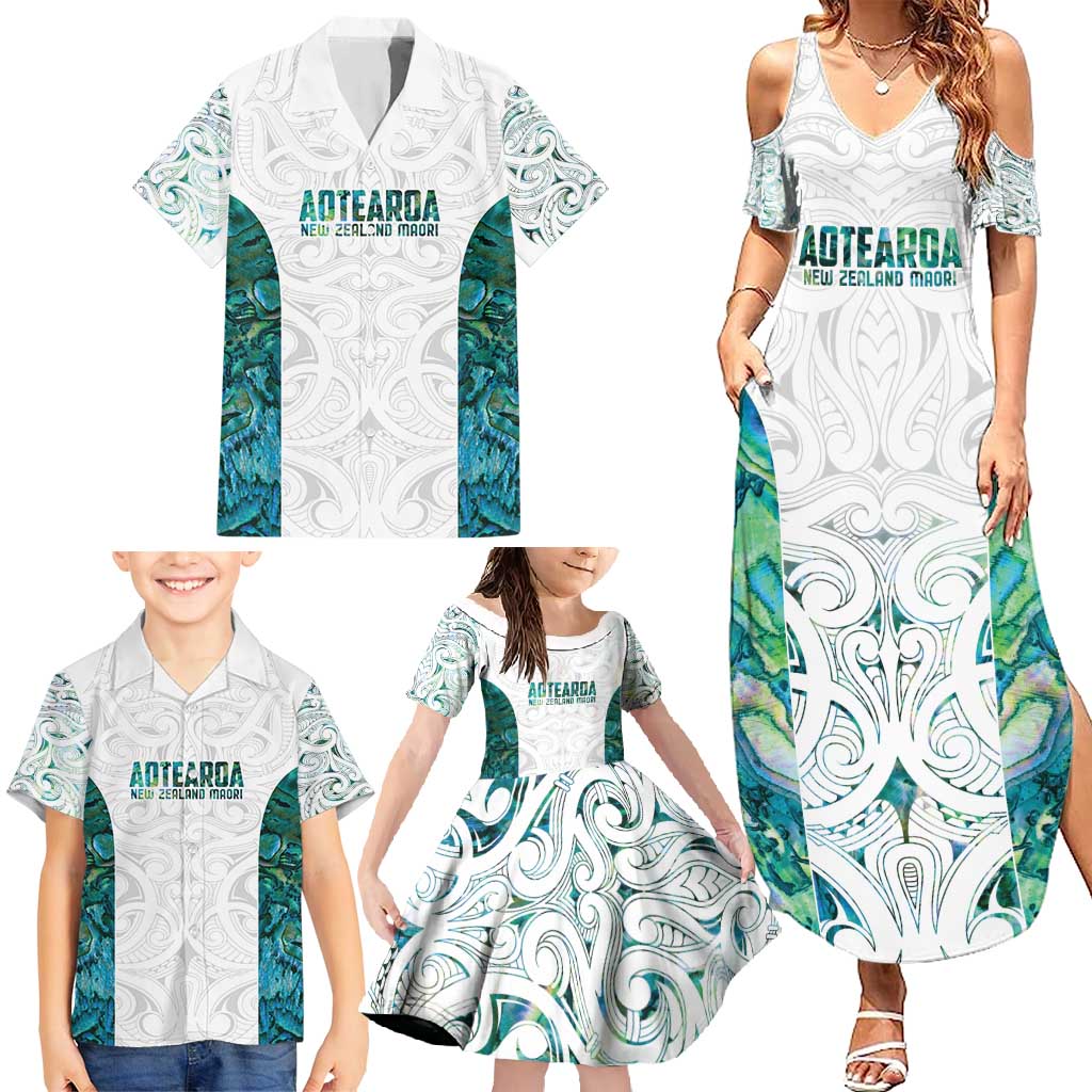 Custom New Zealand Aotearoa Family Matching Summer Maxi Dress and Hawaiian Shirt Green Maori Paua Shell Indigenous - Polynesian Pride