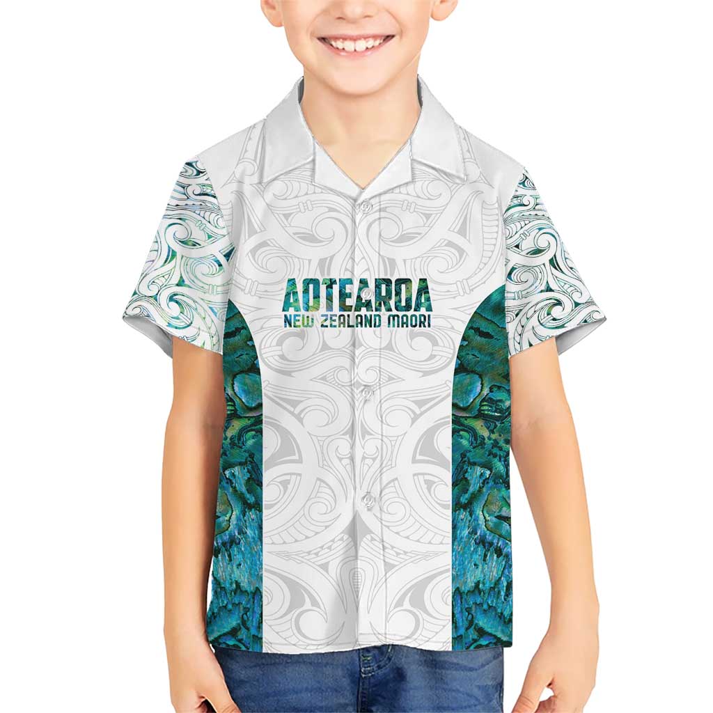 Custom New Zealand Aotearoa Kid Hawaiian Shirt Green Maori Paua Shell Indigenous - Polynesian Pride