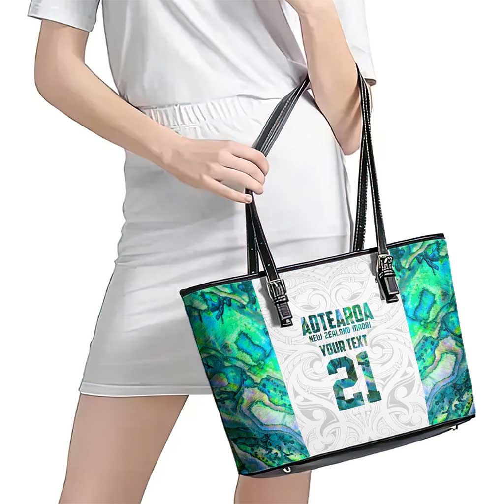 Custom New Zealand Aotearoa Leather Tote Bag Green Maori Paua Shell Indigenous - Polynesian Pride