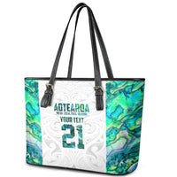 Custom New Zealand Aotearoa Leather Tote Bag Green Maori Paua Shell Indigenous - Polynesian Pride