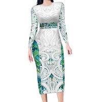 Custom New Zealand Aotearoa Long Sleeve Bodycon Dress Green Maori Paua Shell Indigenous - Polynesian Pride