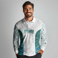 Custom New Zealand Aotearoa Long Sleeve Polo Shirt Green Maori Paua Shell Indigenous - Polynesian Pride