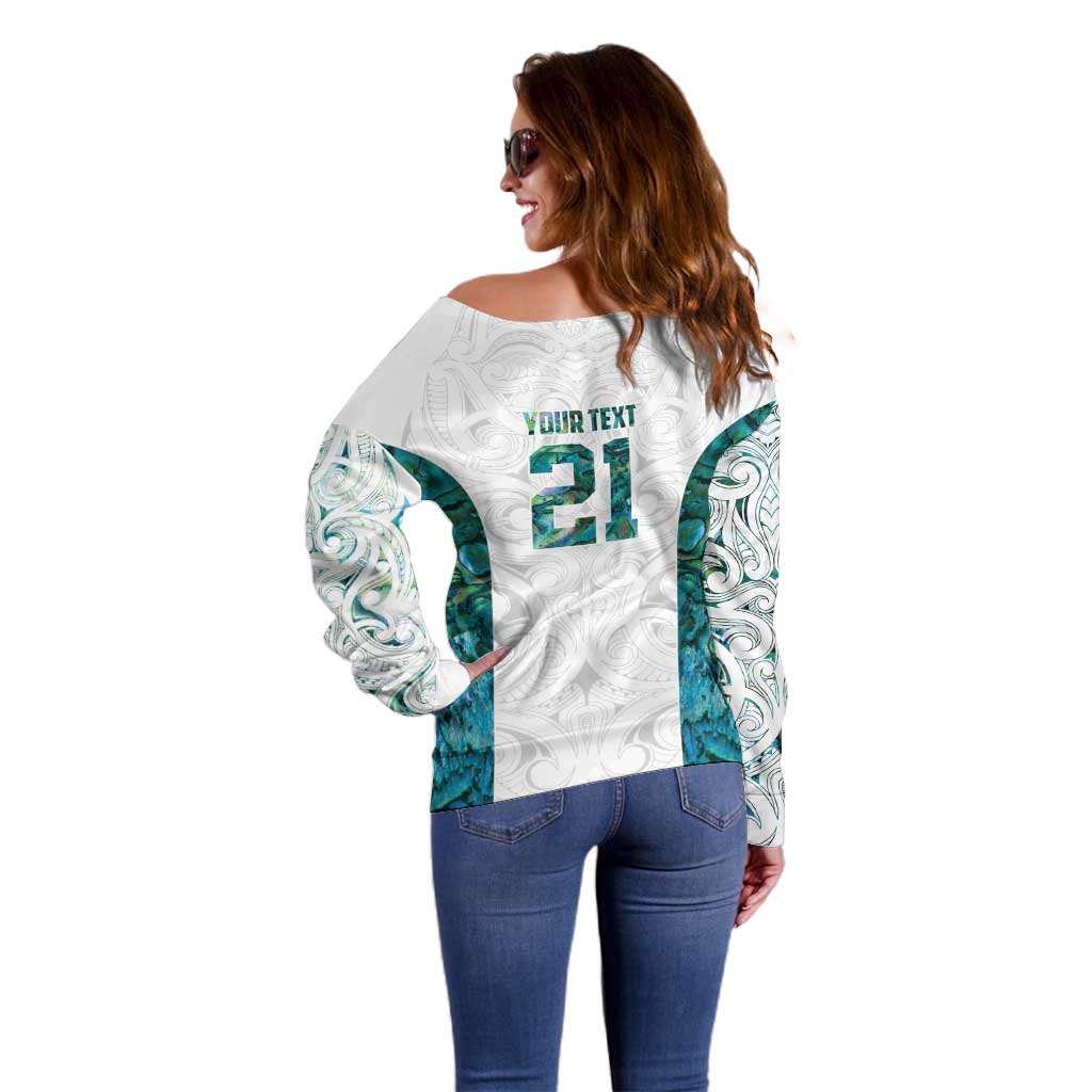 Custom New Zealand Aotearoa Off Shoulder Sweater Green Maori Paua Shell Indigenous - Polynesian Pride