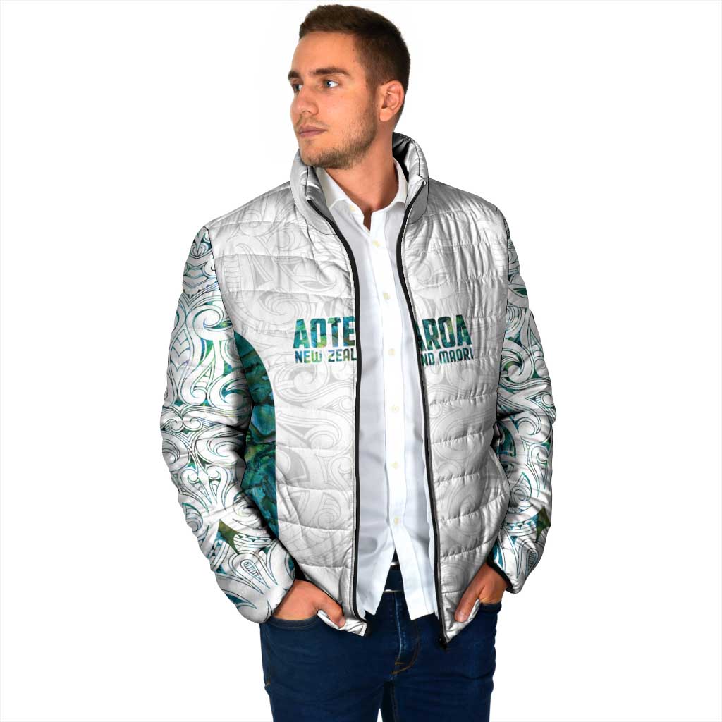 Custom New Zealand Aotearoa Padded Jacket Green Maori Paua Shell Indigenous - Polynesian Pride