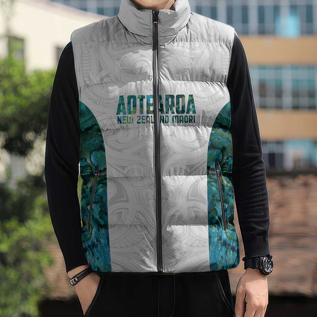 Custom New Zealand Aotearoa Sleeveless Puffer Jacket Green Maori Paua Shell Indigenous - Polynesian Pride