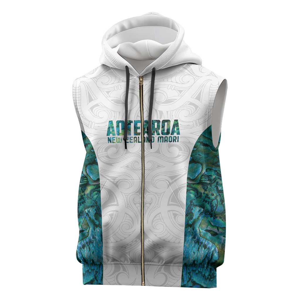 Custom New Zealand Aotearoa Sleeveless Zip Hoodie Green Maori Paua Shell Indigenous - Polynesian Pride