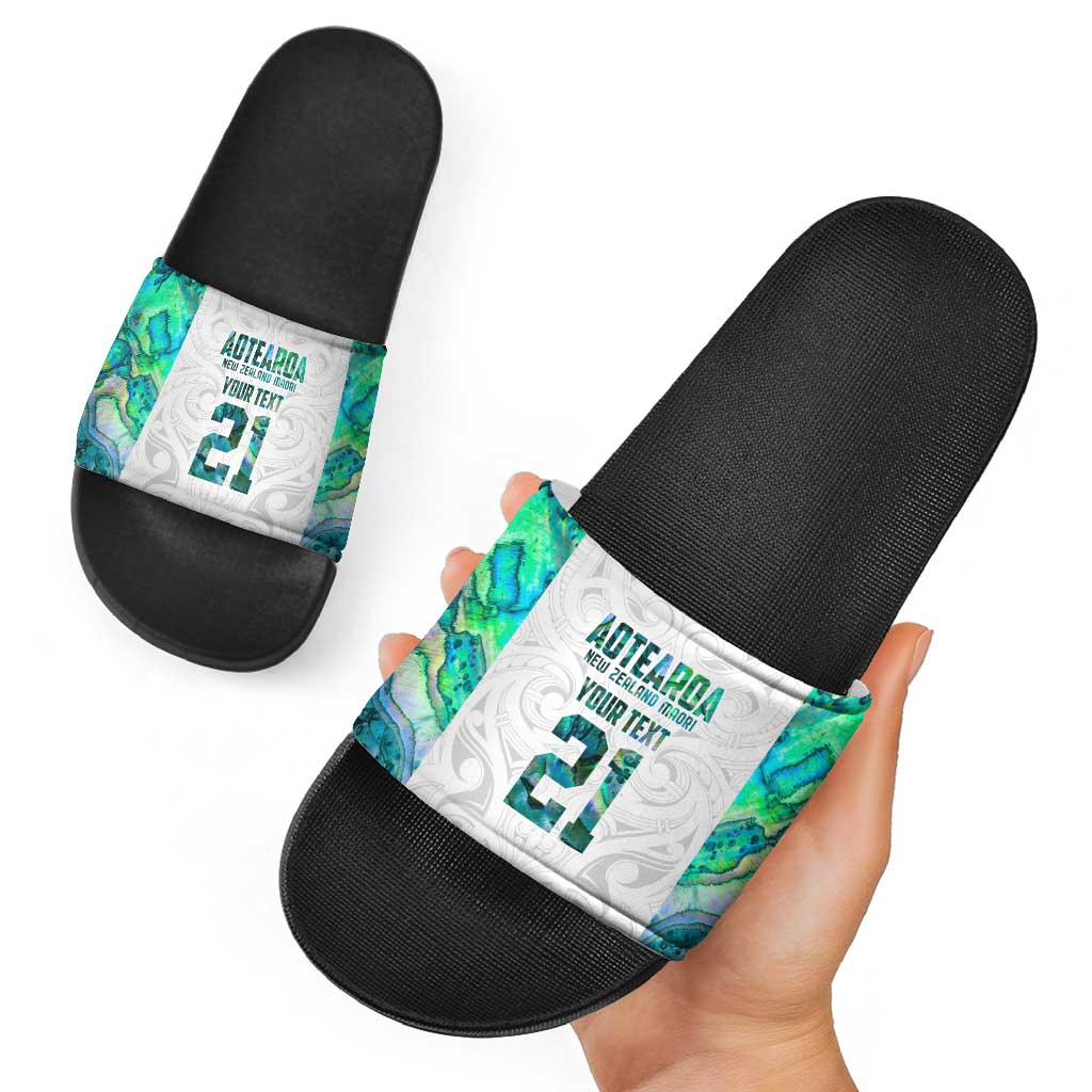 Custom New Zealand Aotearoa Slide Sandals Green Maori Paua Shell Indigenous - Polynesian Pride