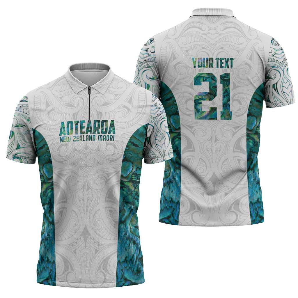 Custom New Zealand Aotearoa Zipper Polo Shirt Green Maori Paua Shell Indigenous - Polynesian Pride
