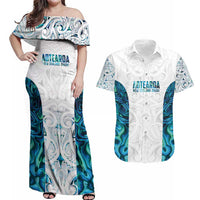 Custom New Zealand Aotearoa Couples Matching Off Shoulder Maxi Dress and Hawaiian Shirt Maori Paua Shell Indigenous - Polynesian Pride
