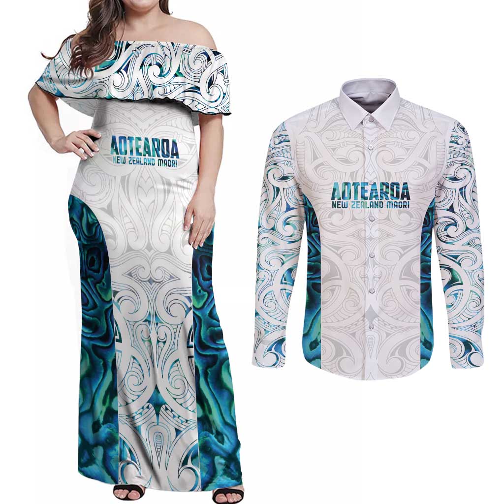 Custom New Zealand Aotearoa Couples Matching Off Shoulder Maxi Dress and Long Sleeve Button Shirt Maori Paua Shell Indigenous - Polynesian Pride