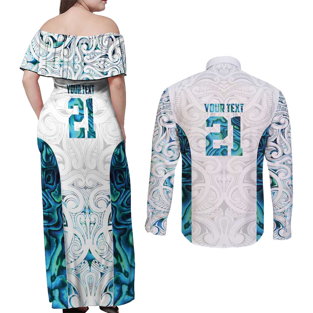 Custom New Zealand Aotearoa Couples Matching Off Shoulder Maxi Dress and Long Sleeve Button Shirt Maori Paua Shell Indigenous - Polynesian Pride