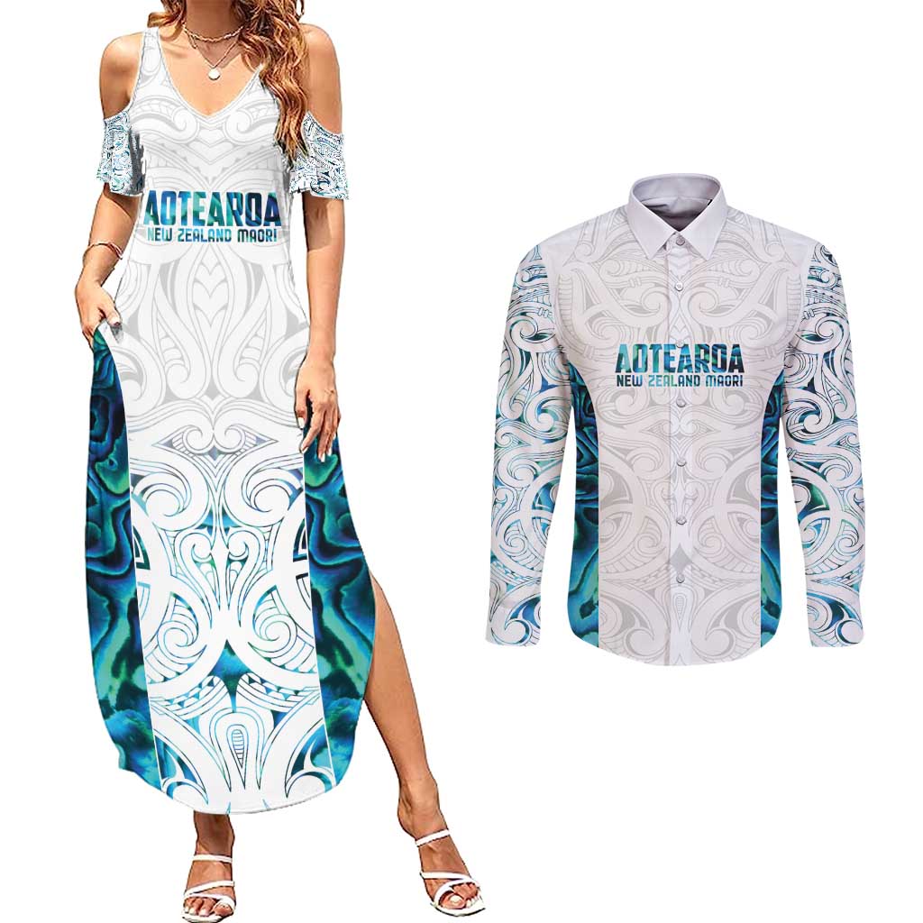 Custom New Zealand Aotearoa Couples Matching Summer Maxi Dress and Long Sleeve Button Shirt Maori Paua Shell Indigenous - Polynesian Pride