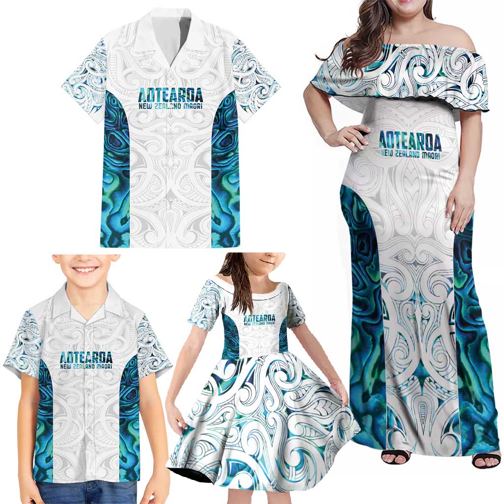 Custom New Zealand Aotearoa Family Matching Off Shoulder Maxi Dress and Hawaiian Shirt Maori Paua Shell Indigenous - Polynesian Pride
