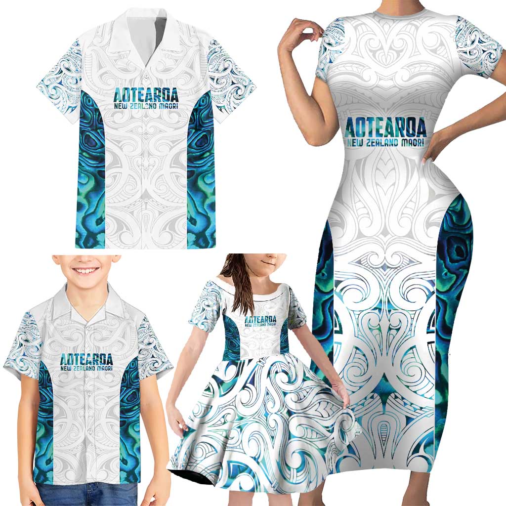 Custom New Zealand Aotearoa Family Matching Short Sleeve Bodycon Dress and Hawaiian Shirt Maori Paua Shell Indigenous - Polynesian Pride