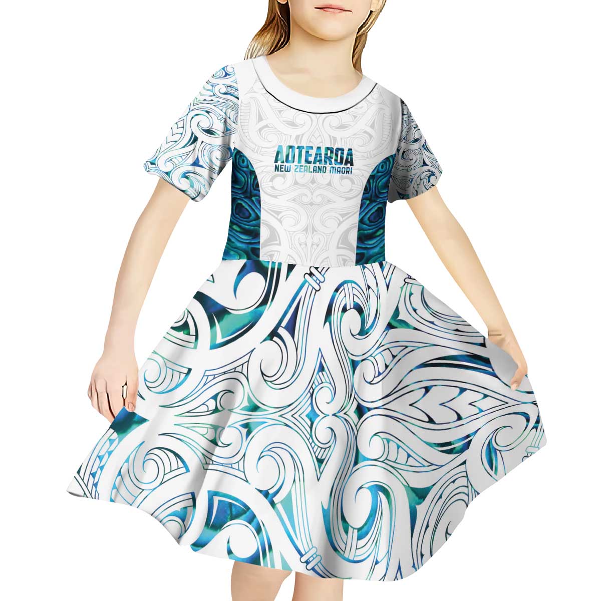 Custom New Zealand Aotearoa Kid Short Sleeve Dress Maori Paua Shell Indigenous - Polynesian Pride