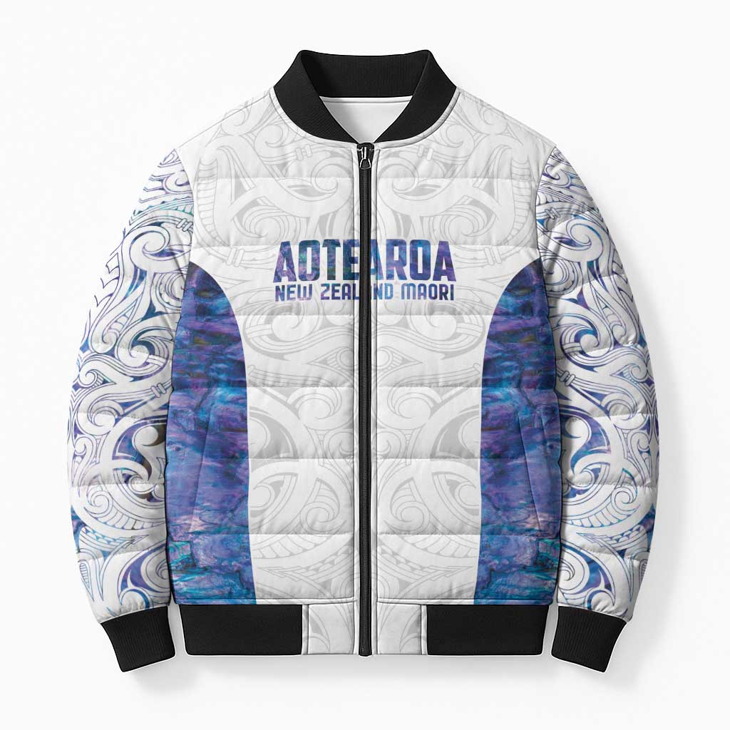 Custom New Zealand Aotearoa Bomber Puffer Jacket Purple Maori Paua Shell Indigenous - Polynesian Pride
