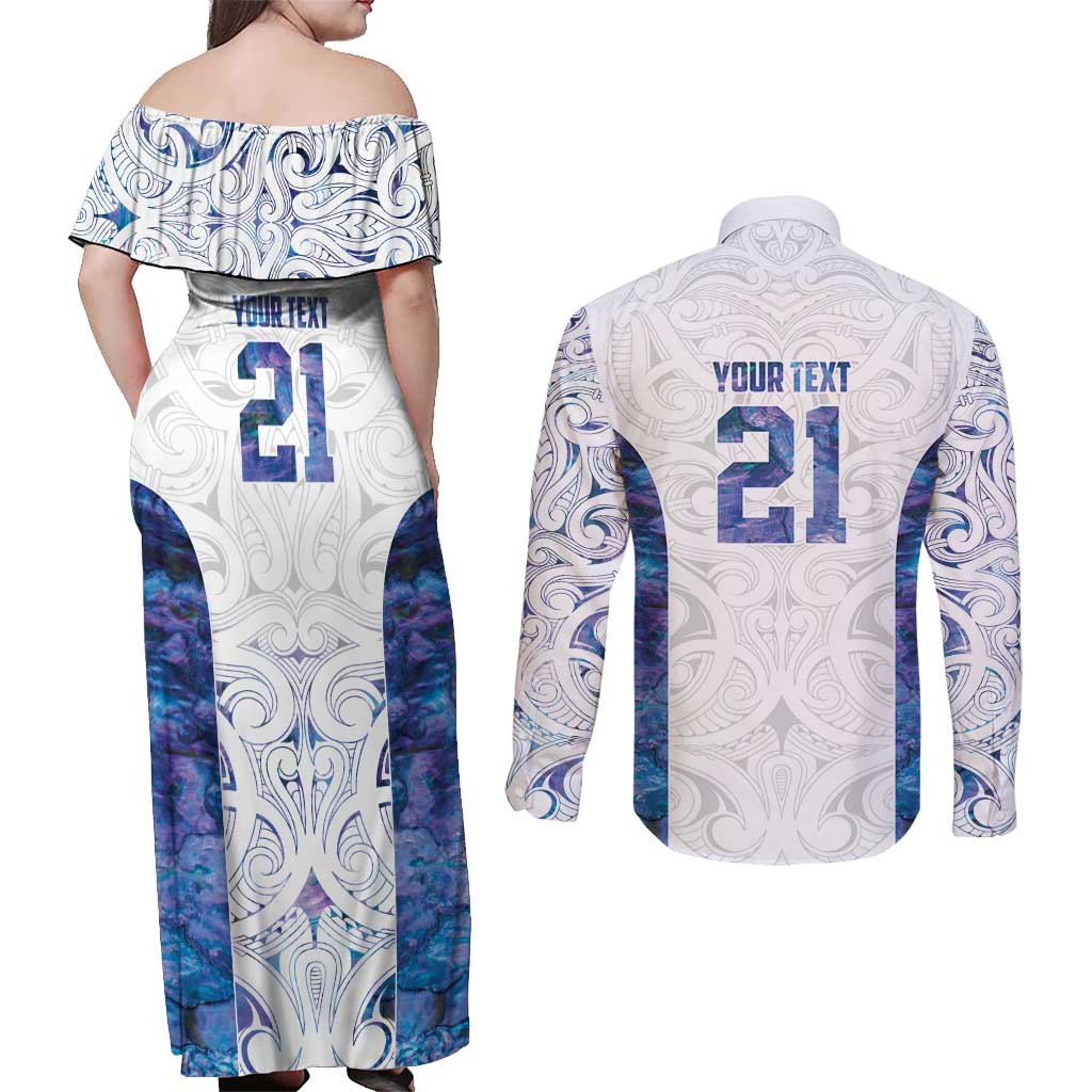 Custom New Zealand Aotearoa Couples Matching Off Shoulder Maxi Dress and Long Sleeve Button Shirt Purple Maori Paua Shell Indigenous - Polynesian Pride