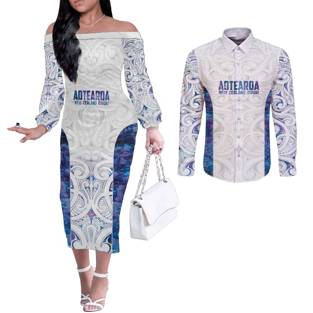 Custom New Zealand Aotearoa Couples Matching Off The Shoulder Long Sleeve Dress and Long Sleeve Button Shirt Purple Maori Paua Shell Indigenous - Polynesian Pride