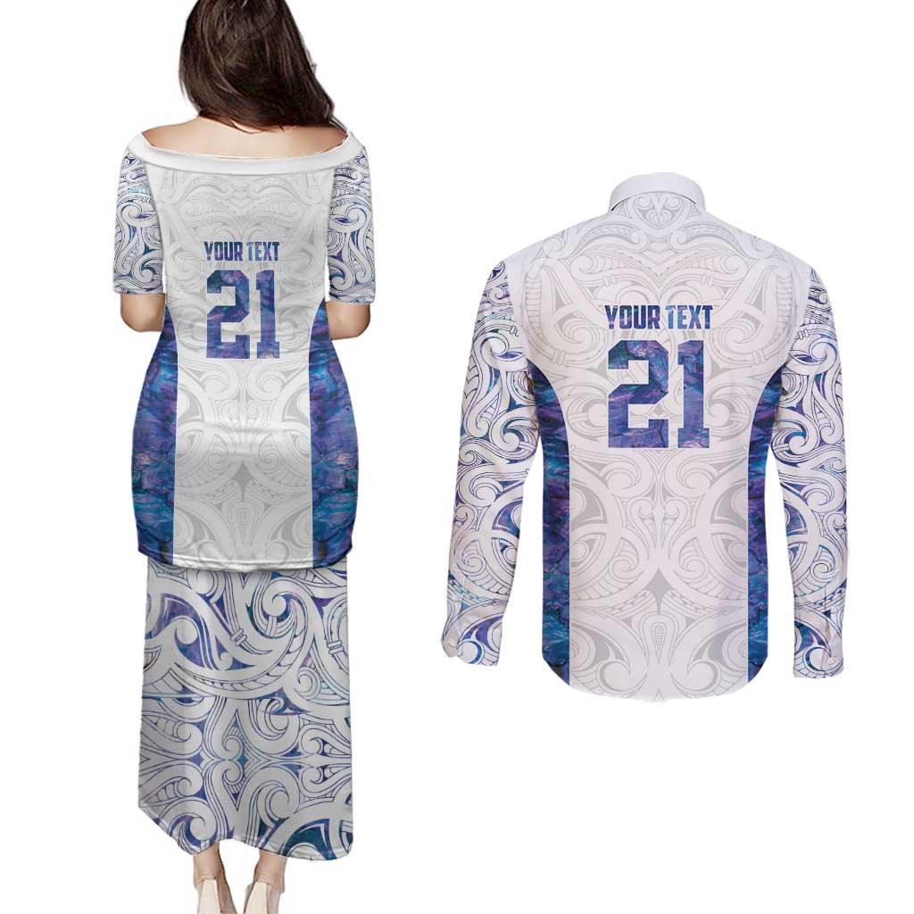 Custom New Zealand Aotearoa Couples Matching Puletasi and Long Sleeve Button Shirt Purple Maori Paua Shell Indigenous - Polynesian Pride