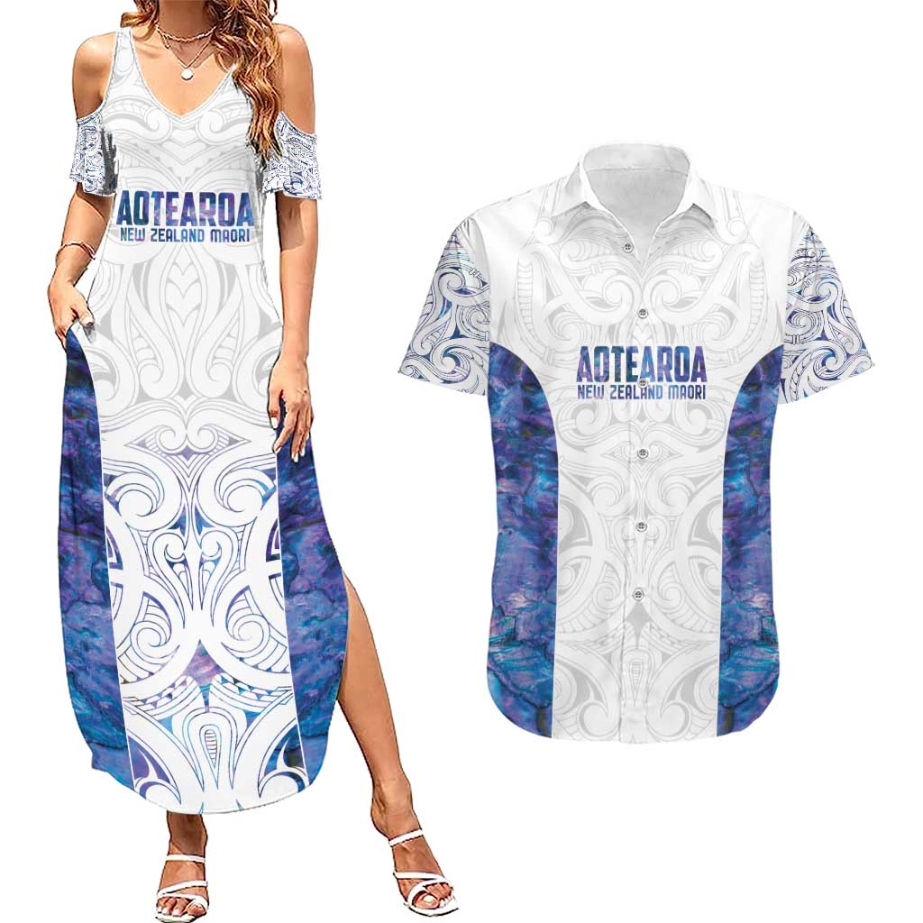 Custom New Zealand Aotearoa Couples Matching Summer Maxi Dress and Hawaiian Shirt Purple Maori Paua Shell Indigenous - Polynesian Pride