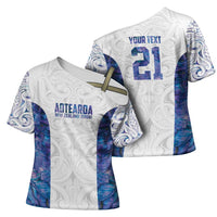 Custom New Zealand Aotearoa Cross Shoulder Shirt Purple Maori Paua Shell Indigenous - Polynesian Pride