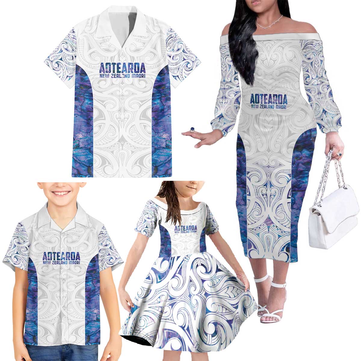 Custom New Zealand Aotearoa Family Matching Off The Shoulder Long Sleeve Dress and Hawaiian Shirt Purple Maori Paua Shell Indigenous - Polynesian Pride