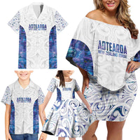 Custom New Zealand Aotearoa Family Matching Off Shoulder Short Dress and Hawaiian Shirt Purple Maori Paua Shell Indigenous - Polynesian Pride