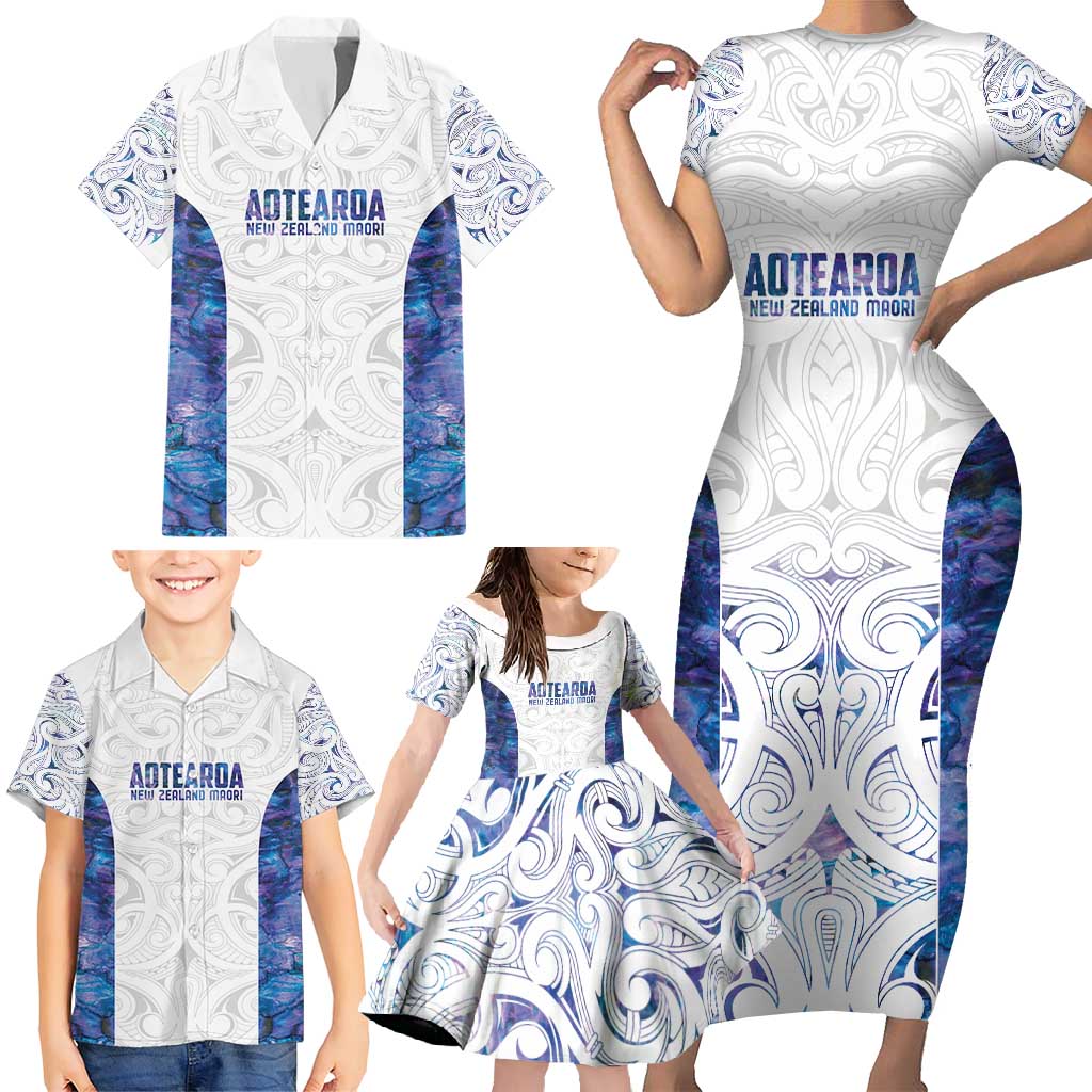 Custom New Zealand Aotearoa Family Matching Short Sleeve Bodycon Dress and Hawaiian Shirt Purple Maori Paua Shell Indigenous - Polynesian Pride